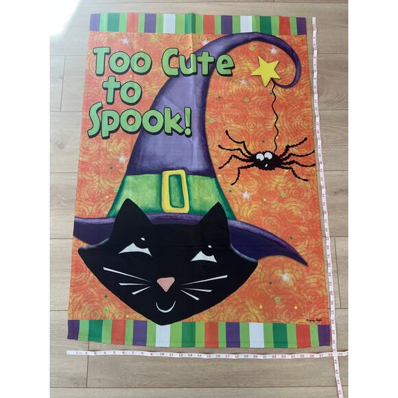 Vintage Outdoor Porch Flag Happy Halloween Black Cat Witch Hat & Spider JL - Picture 1 of 10